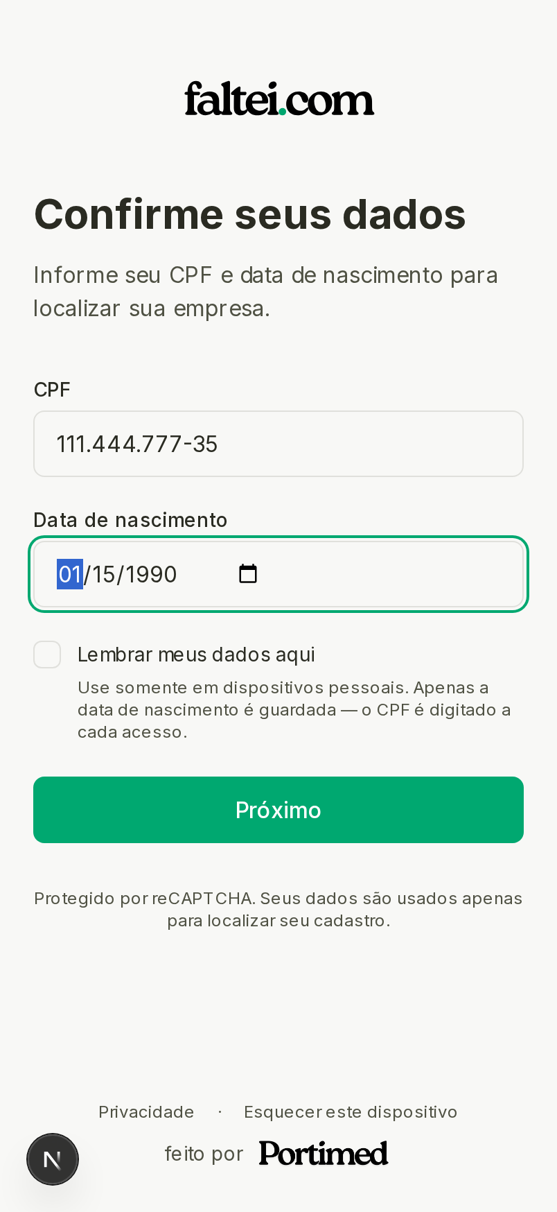 faltei.com — confirme seus dados